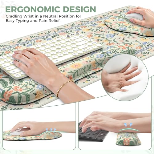 iCasso Green Desk Pad Mat, Large Mouse Pad and Keyboard Wrist Rest Set - color: Green Floral