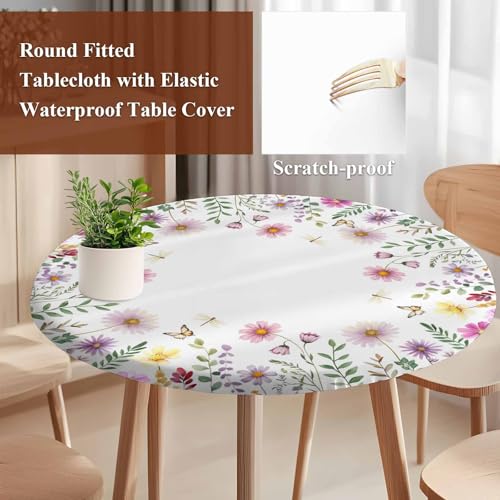 Round Fitted Tablecloth, Spring Summer Flowers Leaves Farmhouse Floral Wildflowers Pink Purple Waterproof Table Cloth Table Cover with Elastic Edged for Outdoor Parties, Fits Tables up to 55" - 60"