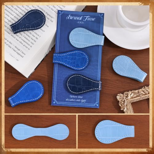 3PCS Vintage Magnetic Leather Bookmark, Leather Magnetic Bookmarks for Women, Magnetic PU Bookmarks Clip Book Accessories, Blue Pattern - style: Blue Pattern
