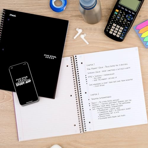 Five Star Spiral Notebook + Study App, 5 Subject, College Ruled Paper, 8-1/2" x 11", 200 Sheets, Fights Ink Bleed, Water Resistant Cover, Black (72081) - color: Black, size: 1 Count (Pack of 1)