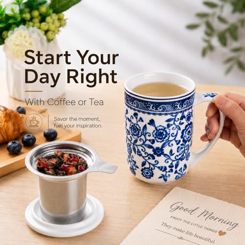 AmorArc Tea Cup With Infuser and Lid, 18oz Loose Leaf Tea Mug With Steeper - color: Peony