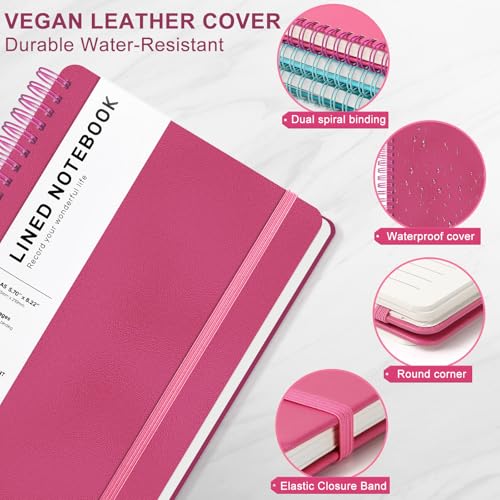 Lined Spiral Journal Notebook, A5 Hardcover Leather Notebook for Work, 5.7''×8.2'', 100GSM Thick Paper Spiral Bound Journaling Notebooks for Women & Men Office School Note Taking Business, Rose Red - color: Rose Red, size: A5