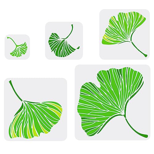 FINGERINSPIRE 5Pcs Ginkgo Biloba Painting Stencil 3.9/5.9/7.87/9.8/11.8inch Reusable Leaf Pattern Drawing Template Plastic Square Hollow Out Stencil DIY Craft for Wall Wood Furniture