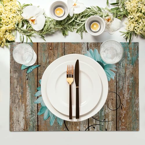 Giwawa Rustic Daisy Placemats Set of 4- Teal Sunflowers on Vintage Wood Board Linen Place Mat- Farmhouse Wooden Non Slip Heat Resistant Table Mats for Dining Kitchen Cabin Lodge Decor - color: Daisy Teal