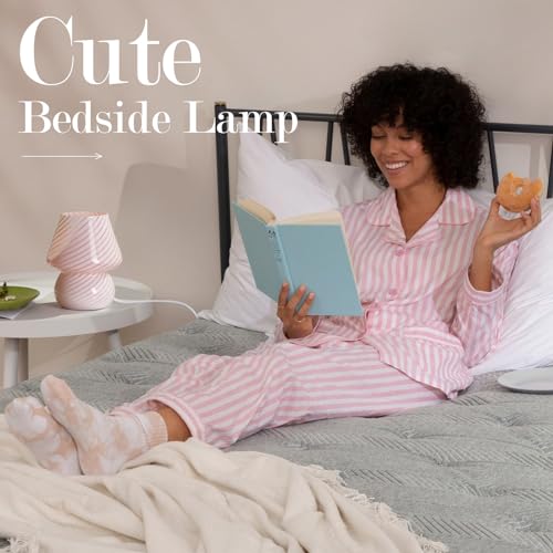 ONEWISH Mushroom Lamp-Small Bedside Table Lamp with Striped Glass, Nightstand Lamp for Bedroom, Living Room, Cafe, Bulb Included, Home Decor for Girls Women, Pink - color: Pink
