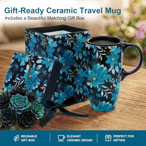 Topadorn 17oz Ceramic Travel Mug, Blue Floral Coffee Mug with Lid & Handle - color: Blue Flower