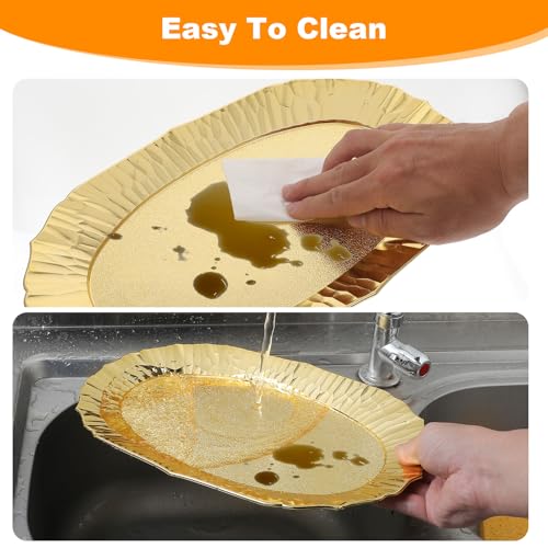 6 Pcs Gold Plastic Serving Trays Reusable Party Platters for Desserts, Snacks, Charcuterie, Cupcakes, Elegant Decorative Food Display, 14" x 8.5"