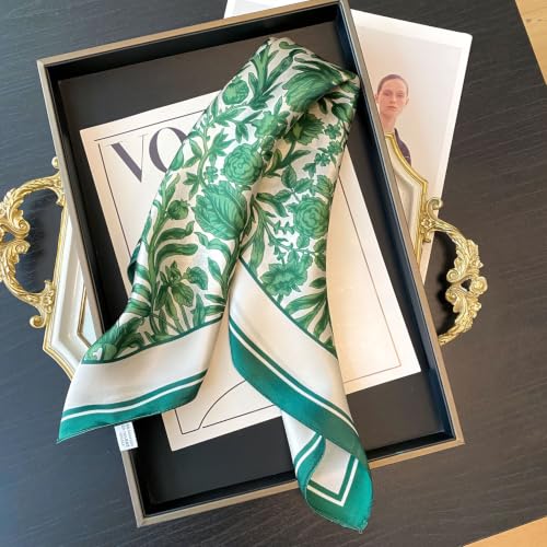 FEIBOON Mulberry Silk Scarf 21"x21" Small Square Scarfs for Women - color: Green Leaves