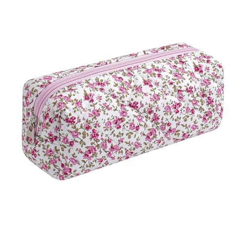Cute Floral Cotton Makeup Brush Cosmetic Bag for Women, Travel Quilted Zipper Make Up Bag, Flowers Toiletry Organizer Case Kawaii Makeup Cosmetic Travel Cloth Pouch (Red Floral) - color: 03 Red Floral