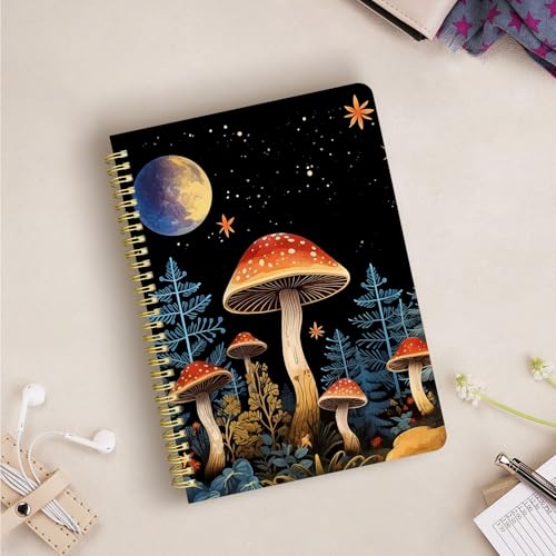 Cute Spiral Notebook Lined Journal B5 Note Book with Pocket, Night - color: Moon Mushroom
