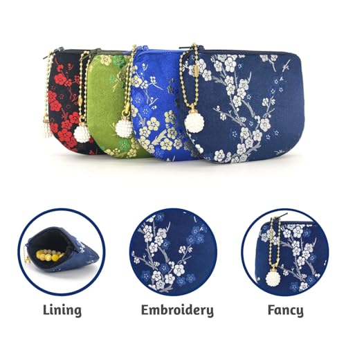 Handmade Women Coin Purse Brocade Rosary Bag Silk Jewelry Pouch Zipper Wallet - Navy - color: Navy