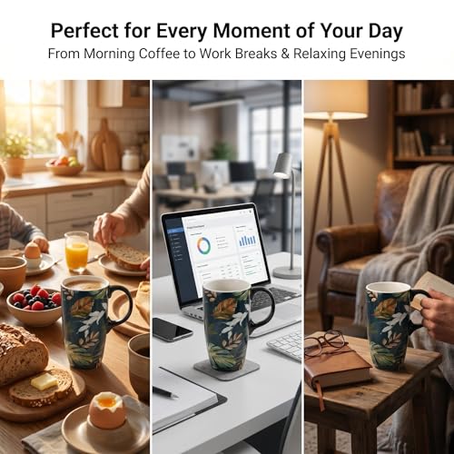 Topadorn 17oz Ceramic Travel Mug with Lid and Handle, Botanical Leaf Coffee Mug, Spill-Resistant, Microwave & Dishwasher Safe, Gift Box Included - color: Leaf