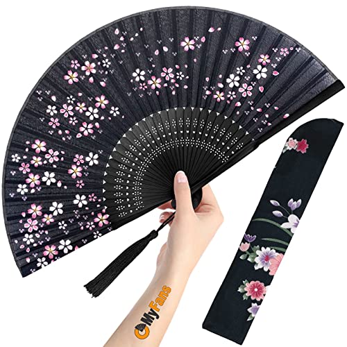 Hand Fan for Women Foldable - Folding Chinese Japanese Vintage Bamboo Silk Fan - Ideal for Hot Flashes, Church, EDM, Festivals, Dancing and Gifts (Little Sakura-Black) - color: Little Sakura-black
