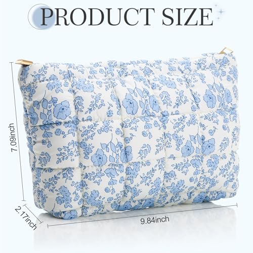 Hillban Blue Floral Puffy Quilted Makeup Bag for Women Gift, Classic - color: Blue Floral, size: Classic