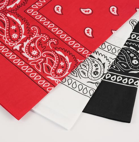 Bycc Bynn Large Soft Cotton Bandanas Pack for Men & Women 22 x 22 inches - color: Black + Red + White