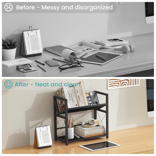 ELITEROO Desktop Bookshelf, 2 Tier Desk Book Organizer Shelf, Wood Tabletop Bookshelf Storage, Small Desk Top Bookcase for Office, Home, or Study, Mini Table Book Rack for Display, Black - color: Black