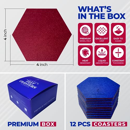 A&A Wonders Premium Felt Coasters for Drink, Two-Tone Reversible, Absorbent Felt Protects Furniture, Table, Anti Slip, Suitable for Drinks & All Table Types (Wine Red/Royal Blue, Hexagon 12 Pack) - color: Wine Red/Royal Blue, size: Hexagon 12 Pack