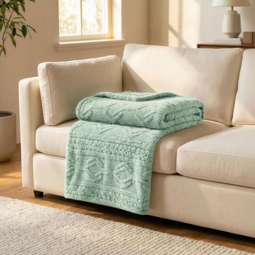 SUPERIOR Fleece Boho Jacquard Blanket, Decorative Blankets for Bedroom, Sofa, Fuzzy, Plush, Fluffy, Soft, Cute Room Decor, Beautiful Cover, Comfort Essentials, Arctic Collection, Throw, Sea Foam - color: Sea Foam, size: Throw