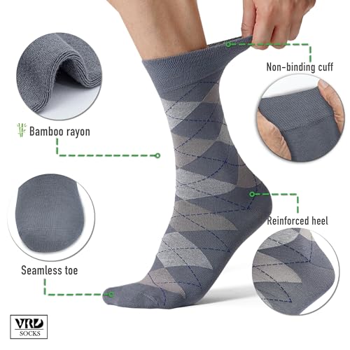 VRD Men's Dress Socks Bamboo Rayon, 5-Pack Crew Socks, Multiple Colors and Designs, Shoe Size 8-13, Gift Box - color: 03: Grey, 5-pack Mix (2 Solid, 1 Striped, 1 Dotted, 1 Argyle)