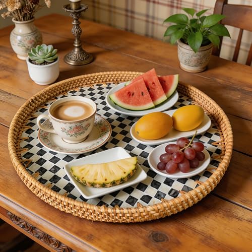 16" Rattan & Mother of Pearl Lazy Susan, Checkerboard Mosaic - color: Black & White