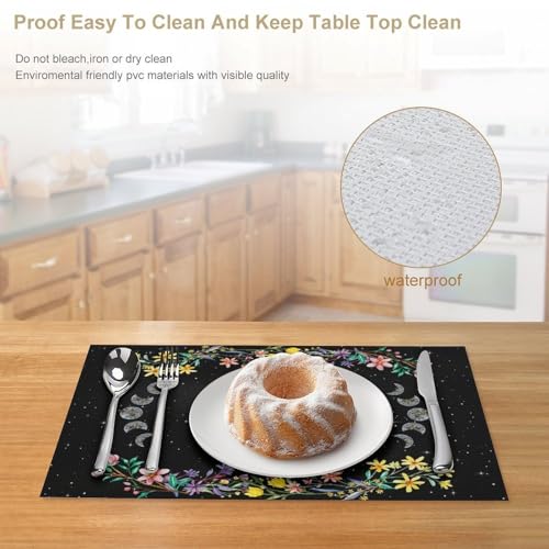 Boho Floral Placemats Set of 4, 12x18 Inch Witchy Moon Tarot Phase Gothic Cat Wild Flower Seasonal Bohemia Mystical Holiday Farmhouse Coffee Table Mats for Party Kitchen Dining Decoration - color: Pm-floral Moon03, size: 4pcs