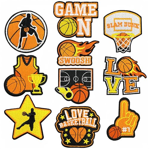 10 Pcs Basketball Iron on/Sew on Patches, Basketball Themed Embroidered Applique Patches, Clothes Backpacks Hats Pants Jackets Jeans Decoration, DIY Accessories - color: 10 Basketball
