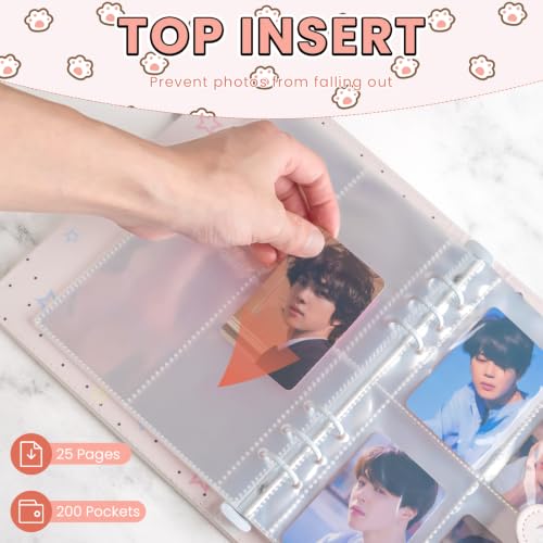 A5 Kpop Photocard Binder, 6 Ring Binder Album with 200 Card Slots, Leather Binder Cover with Magnetic Buckle Closure for Organizing Trading Cards(Cute Cat) - color: Pink white