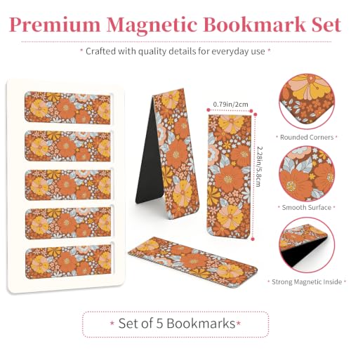 5 Pieces Magnetic Bookmarks, Cute Magnet Bookmark Clips, Colorful Page Markers for Books, Reading Supplies for Book Lovers, Women and Men Boho Orange Flower - color: Boho Orange Flower