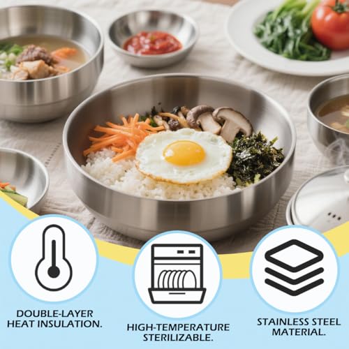 6 Pcs Stainless Steel Rice Bowl with Lid Korean Kitchenware Large Insulated Bowl Multifunctional Soup Bowls Snacks Bowls for Keeping Food Warm Snacks Lunch Box Parties（5.11in Silver