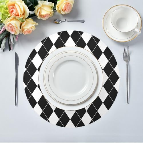 Black White Grid Round Placemats Washable ‌Heat Resistant‌ ‌Non-Slip Place Mats Table Place Mat for Kitchen Dining Set of 6 - color: Black White Harlequin Pattern, size: 15.4x15.4inx6