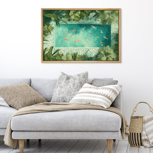 SIGNFORD Framed Canvas Print Wall Art Tropical Aerial Pool Scene Modern Summer Vacation Illustrations Modern Art Decorative Boho Relax/Zen for Living Room, Bedroom, Office - 16x24 NATURAL - color: B08-2508-M22, size: 24"L x 16"W