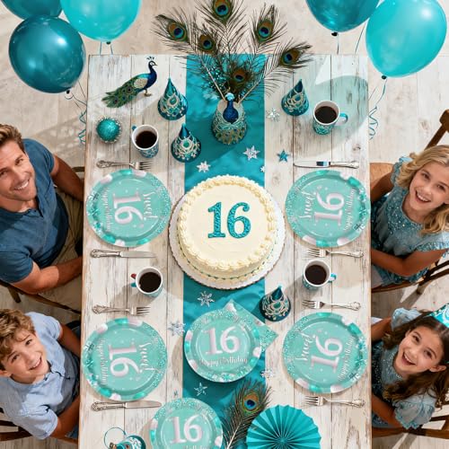 96Pcs Teal Sweet 16th Birthday Party Decorations, Serves 24 - style: Peacock Blue 16th Birthday