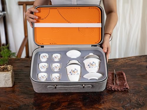 KEYDUACU Gaiwan Tea Set,Chinese Gongfu Tea Set,Portable for Adults,Travel - style: Travel-Lotus Flower