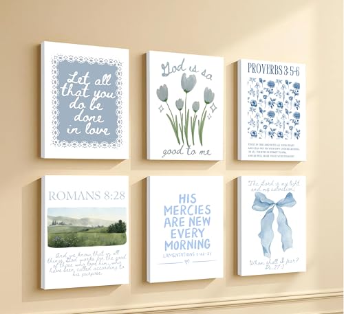 6Pcs Framed Blue Christian Canvas Wall Art Bible Verses - color: Blue Bible-Wrapped canvas, size: 16"Lx12"W