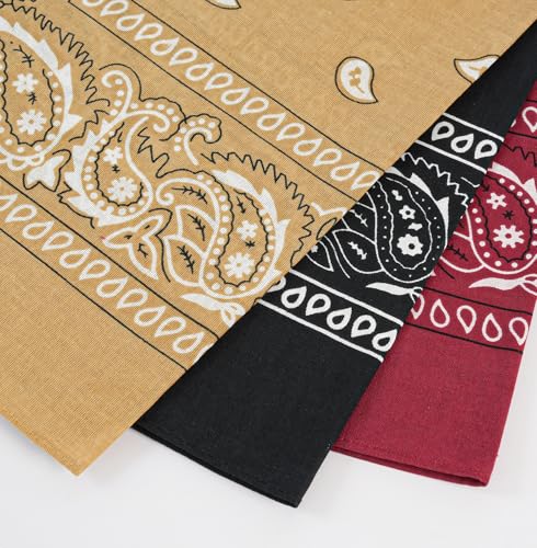 Bycc Bynn Large Soft Cotton Bandanas Pack for Men & Women 22 x 22 inches - color: Black + Burgundy + Dark Yellow