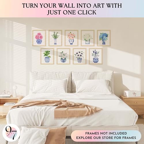97 Decor Chinoiserie Wall Art, Blue White Ginger Jar, 9 Pcs 8x10 Unframed - color: Chinoiserie Poster