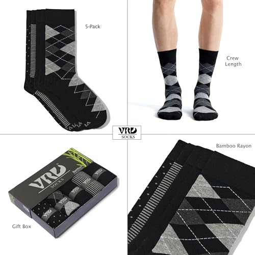 VRD Men's Dress Socks Bamboo Rayon, 5-Pack Crew Socks, Multiple Colors and Designs, Shoe Size 8-13, Gift Box - color: 01: Black, 5-pack Mix (2 Solid, 1 Striped, 1 Dotted, 1 Argyle)