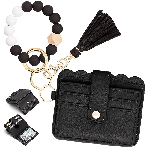 Wristlet Wallet for Women with Keychain – RFID Card Holder Small Wallet Wristlet with Key Ring - color: Black, style: Classic