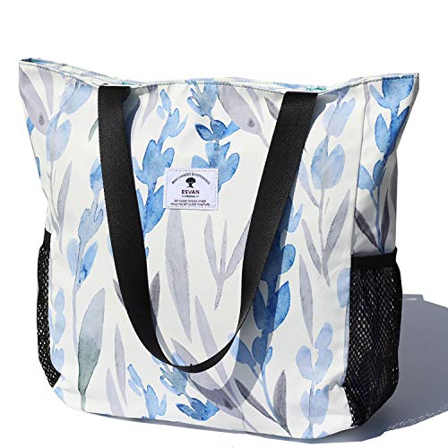 ESVAN Original Floral Water Resistant Large Tote Bag Shoulder Bag for Gym Beach Travel Daily Bags Upgraded - color: [F] Floral Leaf