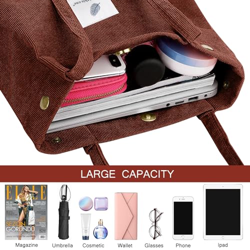 Ayieyill Corduroy Tote Bag for Women Canvas Shoulder Cord Purse with Inner Pocket - color: Brown