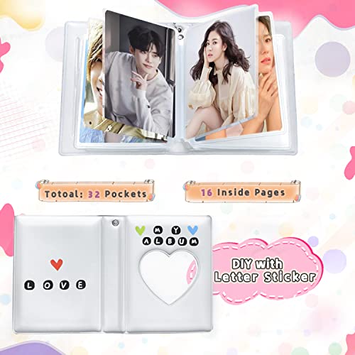 3 Inch Kpop Photocard Holder Book, Mini Photo Kpop Album Kpop Photocard Binder, Love Heart Hollow Kpop Photocard Binder Collector Book 32 Pockets Portable Photo Card Holder with Love Heart Pendant - color: White