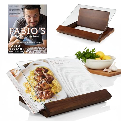 PICNIC TIME Fabio Viviani Prodigio Cookbook Stand with Tempered Glass and Signed Cookbook, Acacia Wood Recipe Holder for Cookbooks and Tablets, Fold Flat Kitchen Display Set, (Acacia Wood) - color: Fabio Viviani - Bookstand & Signed Cookbook