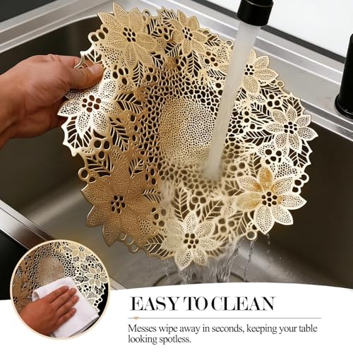 Quantum Love Set of 6 Gold Metallic Vinyl Round Placemats with Wreath Heat-Resistant Washable 15 Inch Table Mats for Daily Use Wedding Gathering Party Decor - color: Gold Wreath