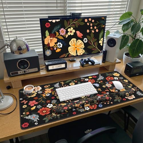 iCasso Desk Cover Mat, 4in1 Floral Large Mouse Pad with Wrist Rest - color: Flowers