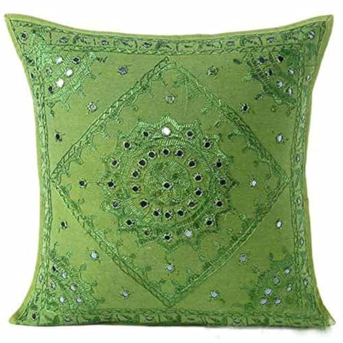 Indian Mirror Embroidered Decorative Sofa Throw Pillow Cushion Cover Boho Bohemia (Color : Light Green Size -24 X 24) - color: Light Green, size: 24" x 24" (Pack of 1)