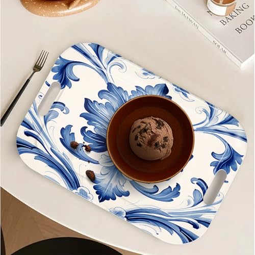 Serving Trays with Handles, 14.5 x 9.8 inch Rectangular Plastic Tray for Restaurant, Kitchen, Blue and White Pattern - color: Blue and White Pattern
