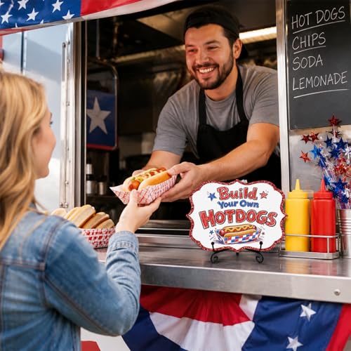 Wooden Patriotic Table Sign for Hot Dog Station, Fourth of July BBQ Buffet Decor with Metal Stand, 5 x 7 Inch Independence Day Food Display for Food Truck, Restaurant, Summer Party - A03 - color: DLR A03