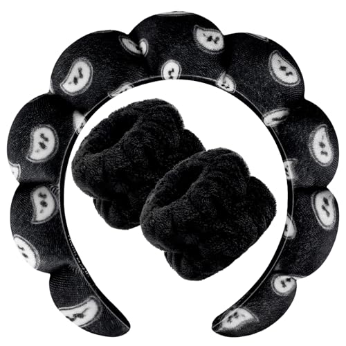Zkptops Spa Headband for Washing Face Wristband Set Sponge Makeup SkincareVelvet Fabric Bubble Soft Get Ready Hairbands for Women Puffy Headwear Non Slip Thick Thin Hair Accessory (Black Nuts) - color: ZYI Nuts Black