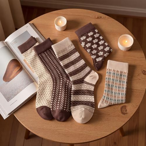 5 Pair Vintage Cotton Crew Socks for Women Pretty Aesthetic Long Preppy Ankle Socks