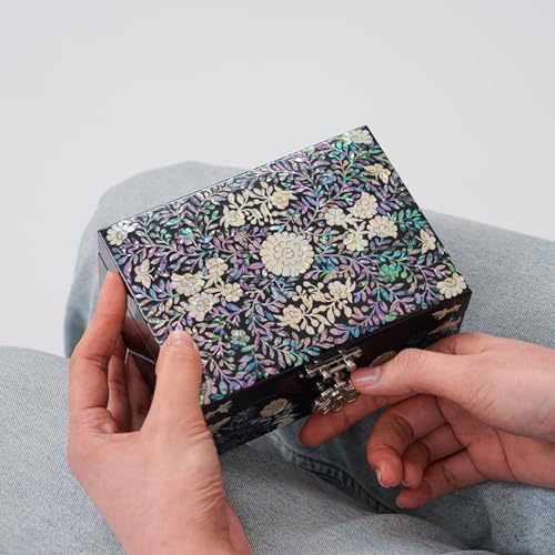 February Mountain Mother of Pearl Jewellery Box with Ring Tray - Gifts for Women Birthday Wedding Mother's Day Christmas Graduation Gifts (Floral) - style: Floral
